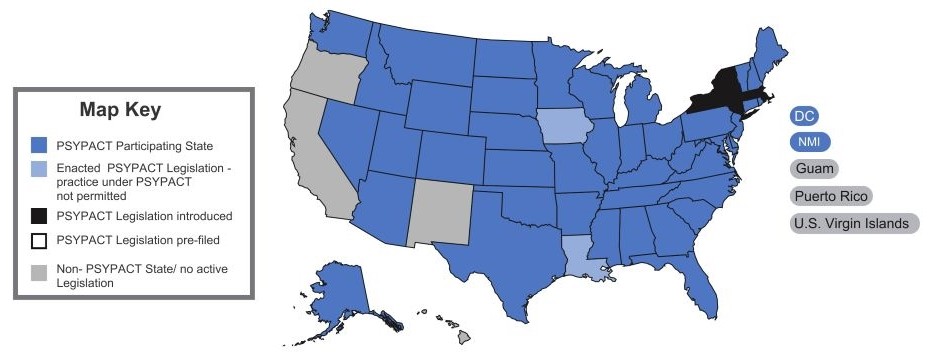 PSYPACT map of the United States. Most states, including Texas, are participating states; California, Oregon and New Mexico are not; Iowa and Louisiana have enacted legislation but practice is not yet permitted; New York and Massachusetts have legislation introduced.